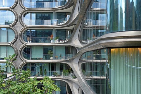 Facade of residential building 520 West 28th Street by architect Zaha Hadid, at High Line Park,