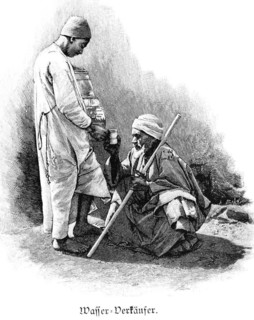 Water seller in Cairo, Egypt, two men, old man, turban, stick, water glass, Africa, historical