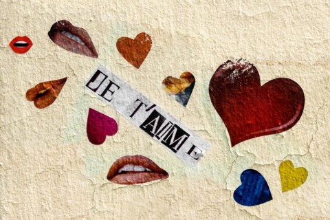 Street art, painted house wall with hearts and lettering on the theme of love, Montmartre, Paris,