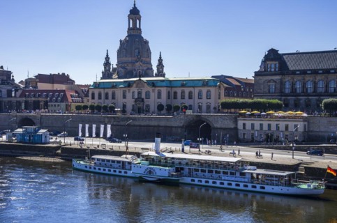 The passenger steamer DRESDEN at the landing stage on the Terrassenufer at the Bruehlsche Terrasse