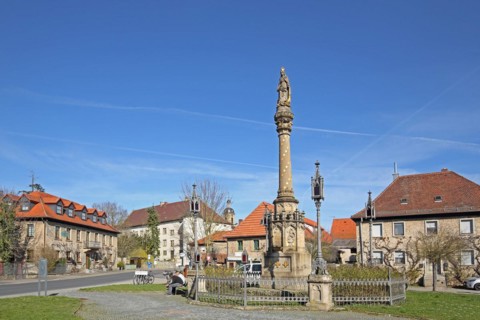 Marian column with Madonna figure, Marienplatz, Wiesentheid, Lower Franconia, Franconia, Bavaria,