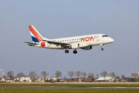 Air France Hop Embraer E170LR with the registration F-HBXN approaching the Polderbaan, Amsterdam