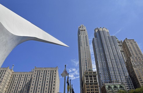 Top of the Oculus Building and skyscrapers, World Trade Centre Station, Transportation Hub, Ground