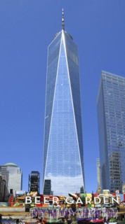 Beer garden in front of One World Trade Centre or Freedom Tower, Ground Zero, Lower Manhattan, New