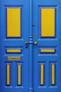 Typical colourful front door in Alfama, yellow, blue, lacquer, varnished, door, entrance,