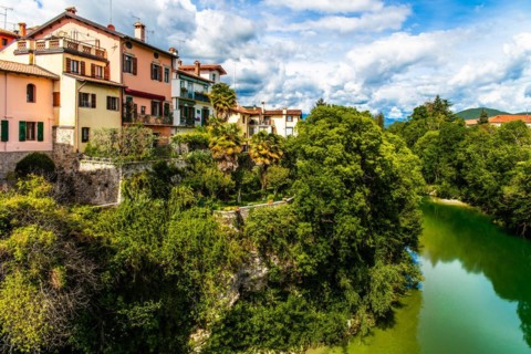 View from the 15th century Ponte del Diavolo leading over the Natisone river into the historic