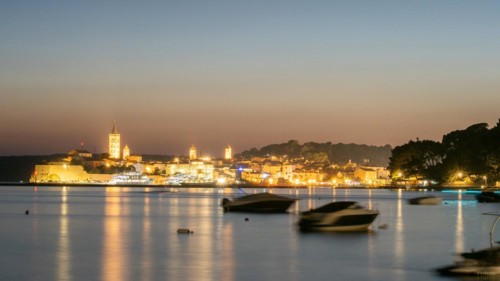 Night shot, illuminated church towers, old town centre of Rab, town of Rab, island of Rab, Kvarner