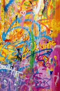 Street art, painted house wall with hearts and lettering on the theme of love, Montmartre, Paris,
