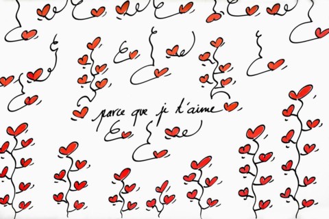 Street art, painted house wall with hearts and lettering on the theme of love, Montmartre, Paris,