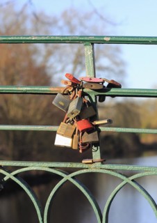 Love locks on the railing of a bridge, North Rhine-Westphalia, Germany, Europe
