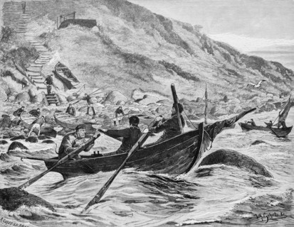Fishermen go out to herring, Lohme on Ruegen, Baltic Sea, steep coast, rowing boats, profession,