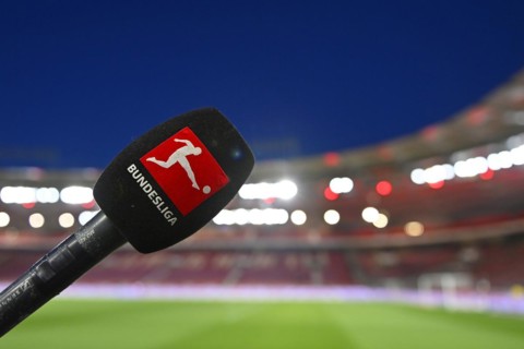 Microphone, microphone, logo, Bundesliga, interior, floodlit match, blue hour, MHPArena, MHP Arena