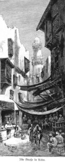 Old alleyway in Cairo, Egypt, alley, souk, bazaar, shops, trade, minaret, many people, Africa,