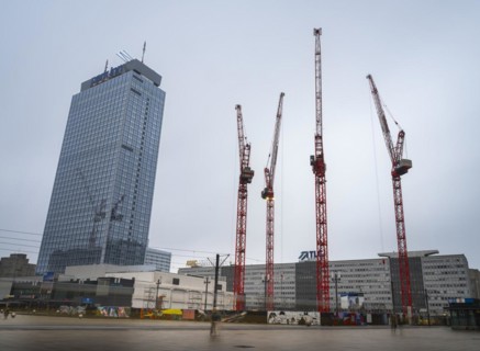 Long exposure, large construction site at Alexanderplatz, Berlin, Germany, Europe