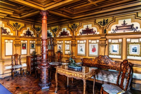 Interior in neo-renaissance, neo-baroque style, Miramare Castle with marvellous view of the Gulf of