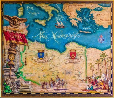 Antique map of Libya and the Mediterranean region, Neo-Renaissance and Neo-Baroque interiors,