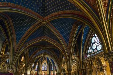 Vault, interior view, lower chapel, Sainte-Chapelle, Ile de la Cite, Paris, France, Europe