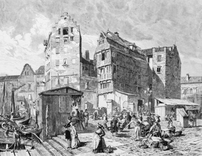 Market in Altona, Hamburg, trade, sale, huts, stall, half-timbered house, many people, baskets,