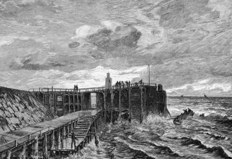 Die Alte Liebe in Cuxhaven, North Sea, pier, lighthouse, stairs, wind, waves, stone dam, people,