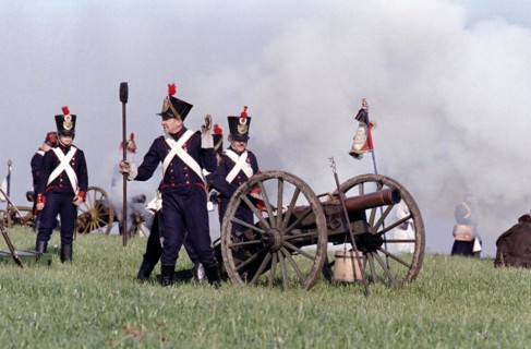 Actors in historical uniforms re-enact the battle in historical battle scenes on the 185th