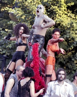 Techno fans celebrate during the Love Parade. Techno music fans celebrate the 9th Love Parade with