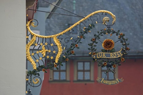 Nose sign of the restaurant Zur Rose, rose figure, inscription, lden, main street, Ochsenfurt,
