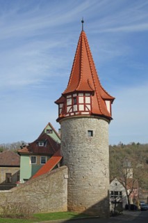 Flurersturm built in 1550 with town wall, town fortification, defence defence tower, Marktbreit,