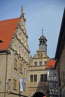 Renaissance town hall built in 1580 and historic Main Gate, town gate, gate tower, Marktbreit,