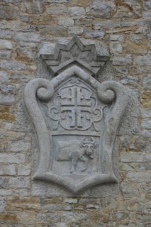 Town coat of arms with ox figure, bull figure, stone, relief, gymnastics club, Ochsenfurt, Lower