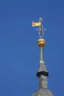 Spire with golden weather vane from the baroque town hall, ridge turret, detail, market square,