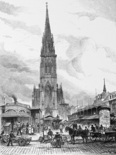 Hop market with St Nikolai church, weekly market market, hackney carriage, carts, many people,