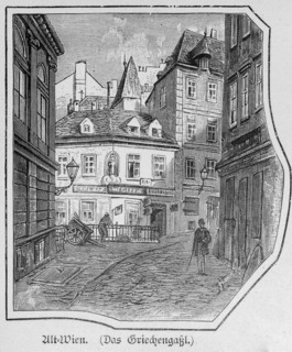 Griechengassl in Vienna, alley, alleyway, building, walker, shops, cash registers, Austria,