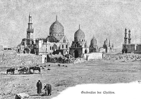 Tombs of the Caliphs, Cairo, Egypt, mosque, dome, minaret, carriage, horses, Africa, historical