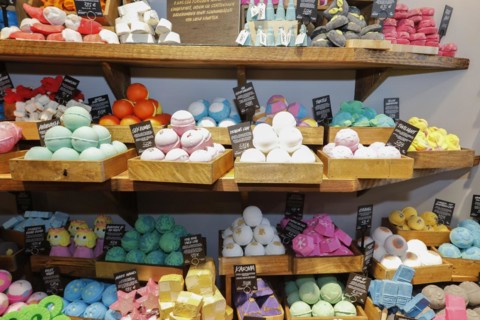 Unpackaged Lush cosmetic products.240 sustainable alternatives to packaged cosmetics are offered in
