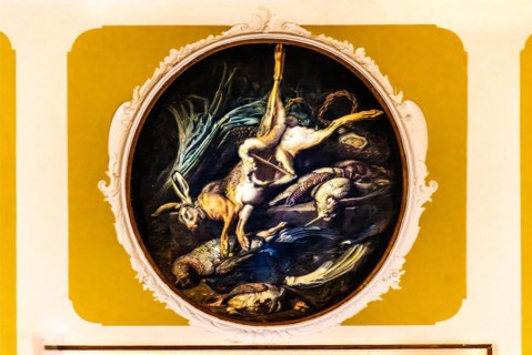 Wall painting in the dining room with game dishes, Duino Castle, with spectacular view of the sea,