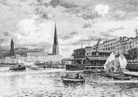Inner Alster Lake with Jungfernstieg and restaurant, Alsterpavillon, restaurant, shore, excursion,