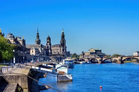View of the historic old town ensemble on the Terrassenufer in Dresden, Saxony, Germany, Europe