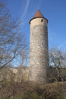 Historic owl defence tower with town wall, town fortification, defence tower, Iphofen, Lower