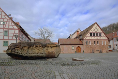 Fountain stone and half-timbered house Restaurant Zur Krone, Kirchplatz, Otterberg, Palatinate