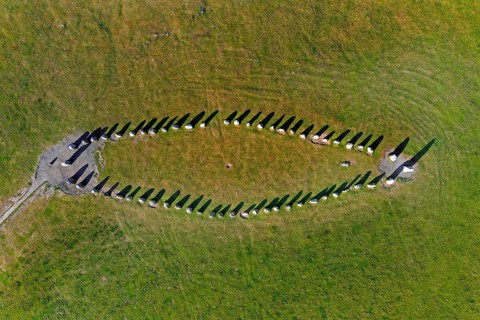 Aerial view over Ale's Stones, Ales stenar, megalithic stone oval monument representing stone ship