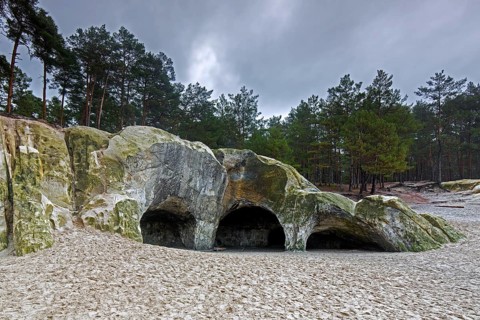 The Sandhoehlen, sandstone caves in forest called Im Heers below the crags of Regenstein near