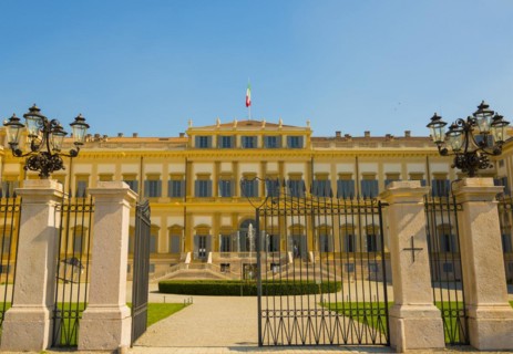 Main Entrance of Villa Reale and Water Fountain in Monza, Lombardy, Italy, Europe