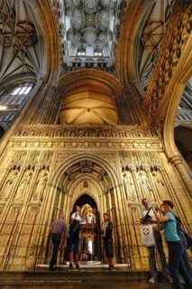 View upwards into the Bell Harry church tower, Romanesque and Gothic, Canterbury Cathedral, The