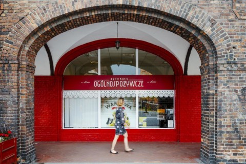 Nikiszowiec, Poland, 14 April 2020: Shop window of grocery shop in the mining district of Katowice,