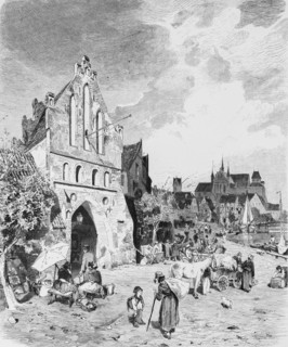 Water gate in Wismar, city gate, cityscape, market, trade, harbour, people, horse,