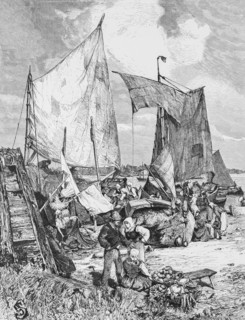 Market on the Memel, border river Russia and Lithuania, trade, people, farmers, rural, sailing