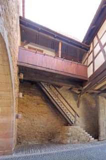 Historic Mainbernheim Gate as part of the town fortifications, inside, staircase, battlements, town