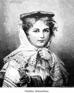 Roman shepherd girl, Rome, traditional traditional costume, Italy, historical illustration around