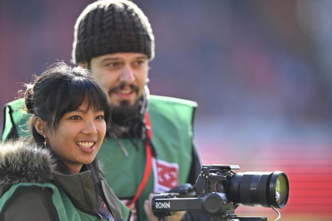 Stadium TV, camerawoman, cameraman, Sony camera on Ronin Rig, logo, Voith Arena, Heidenheim,