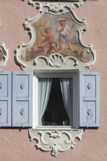 Window in a historic house with Lueftlmalerei in Ludwigstrasse, Partenkirchen district,
